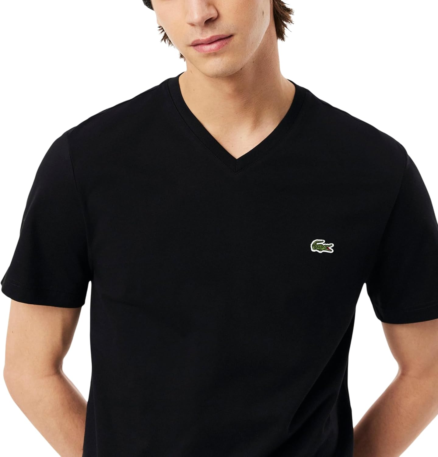 Мужская хлопковая футболка Lacoste с V-образным вырезом, Black — фото 2