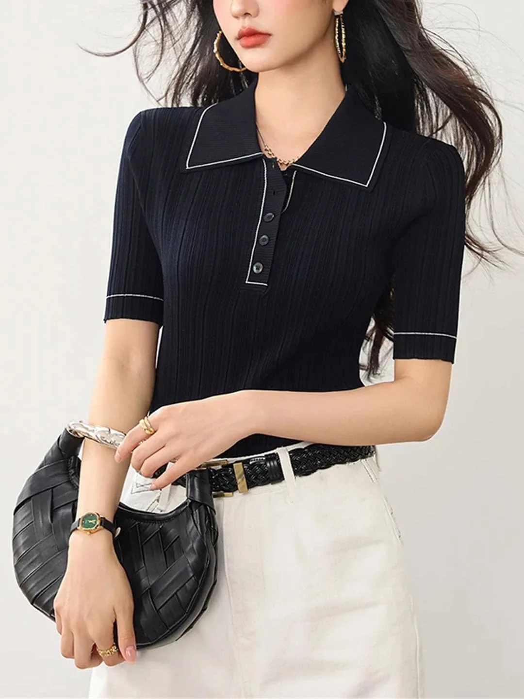 Женская футболка с контрастным воротником, короткий рукав, slim fit — фото 4