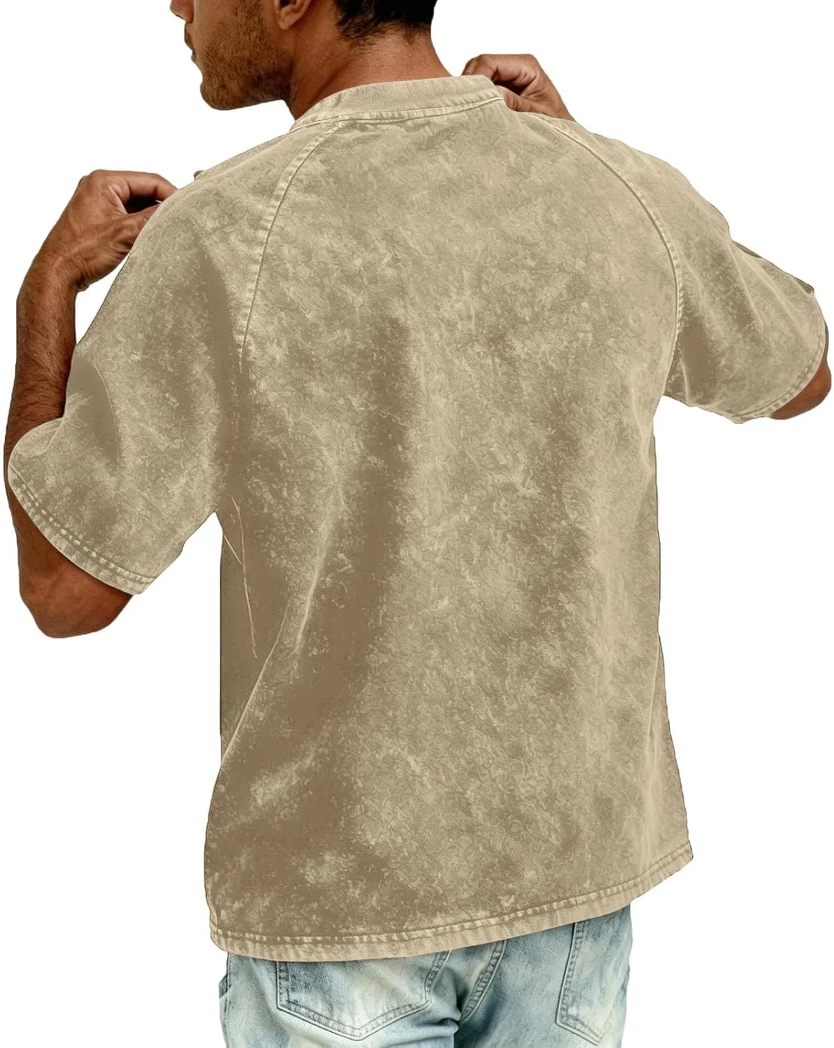 Футболка с воротником хенли оверсайз, потертая, винтажная, Generic, B08 Beige — фото 4