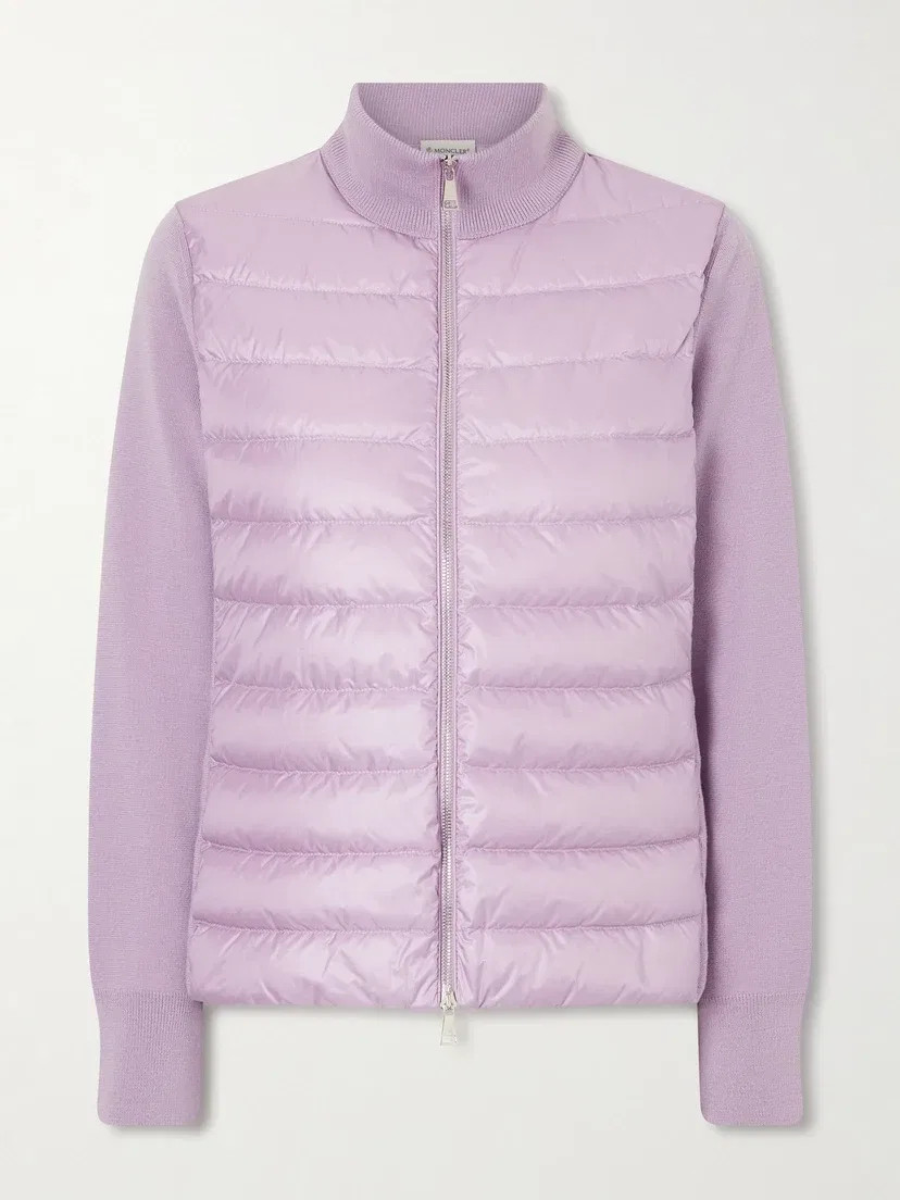 Кардиган из шерсти с аппликацией и стеганого материала MONCLER, фиолетовый