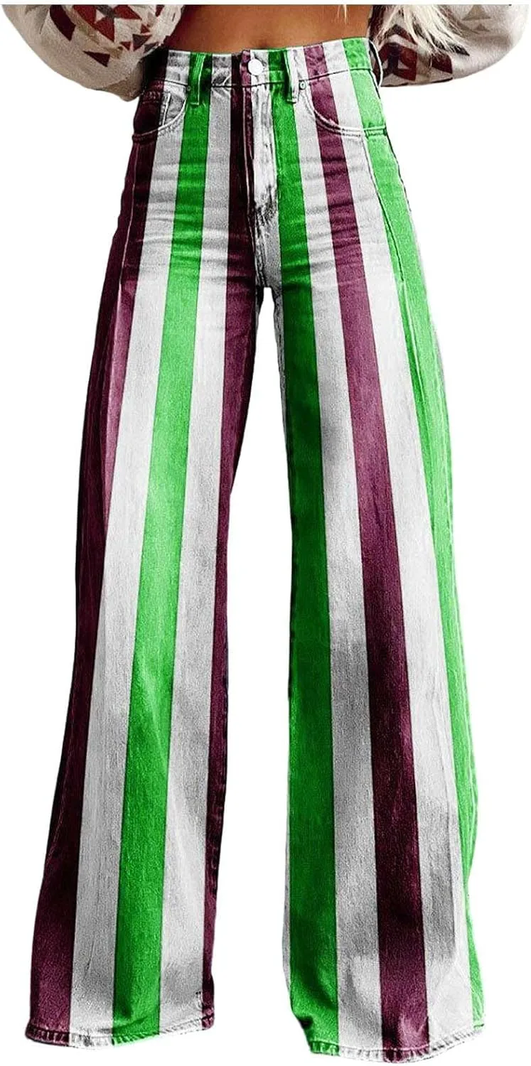 

Винтажные вестерн палаццо брюки для женщин, цветной полосатый принт, фальш деним OELNWED
