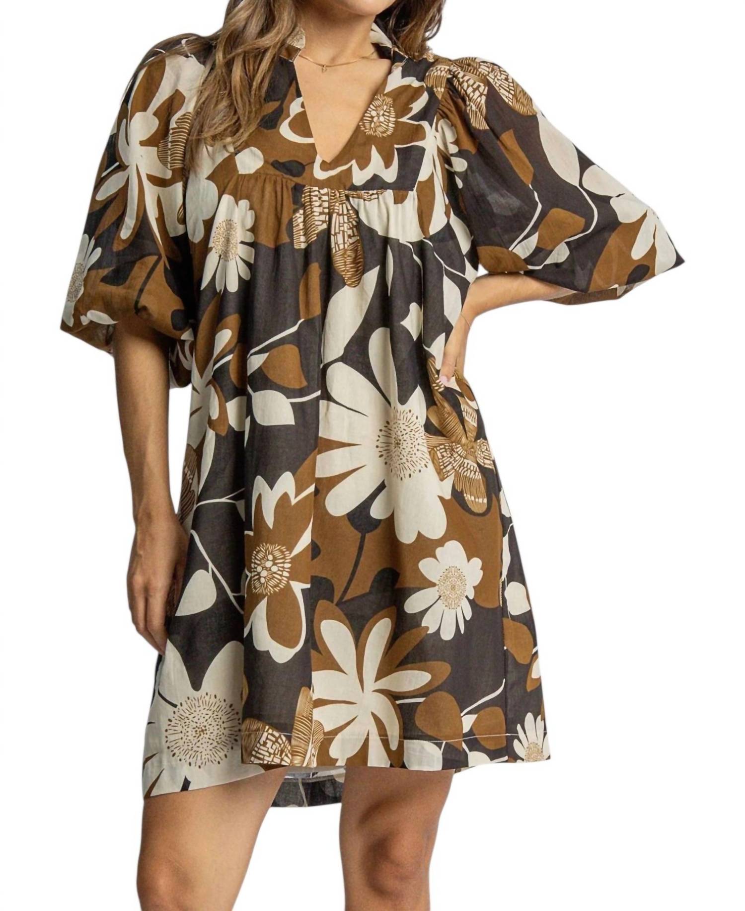 

Осеннее цветочное мини-платье в верблюжьей расцветке Style U, коричневый