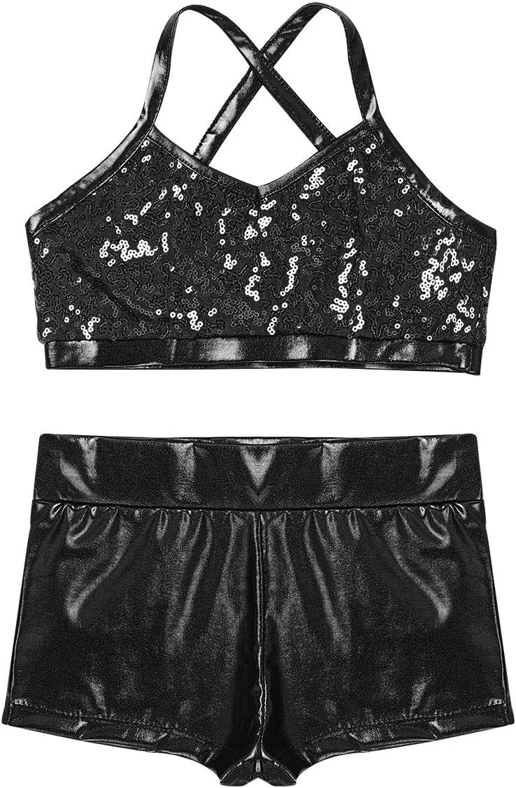 Детский спортивный комплект: топ и шорты, FEESHOW, Sequined Black — фото 3