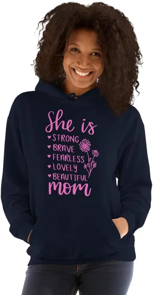 Толстовка She is Mom Unisex, футболка Funny She is Strong Brave Fearless Beautiful Lovely Mom, футболка на День матери Generic, темно-синий
