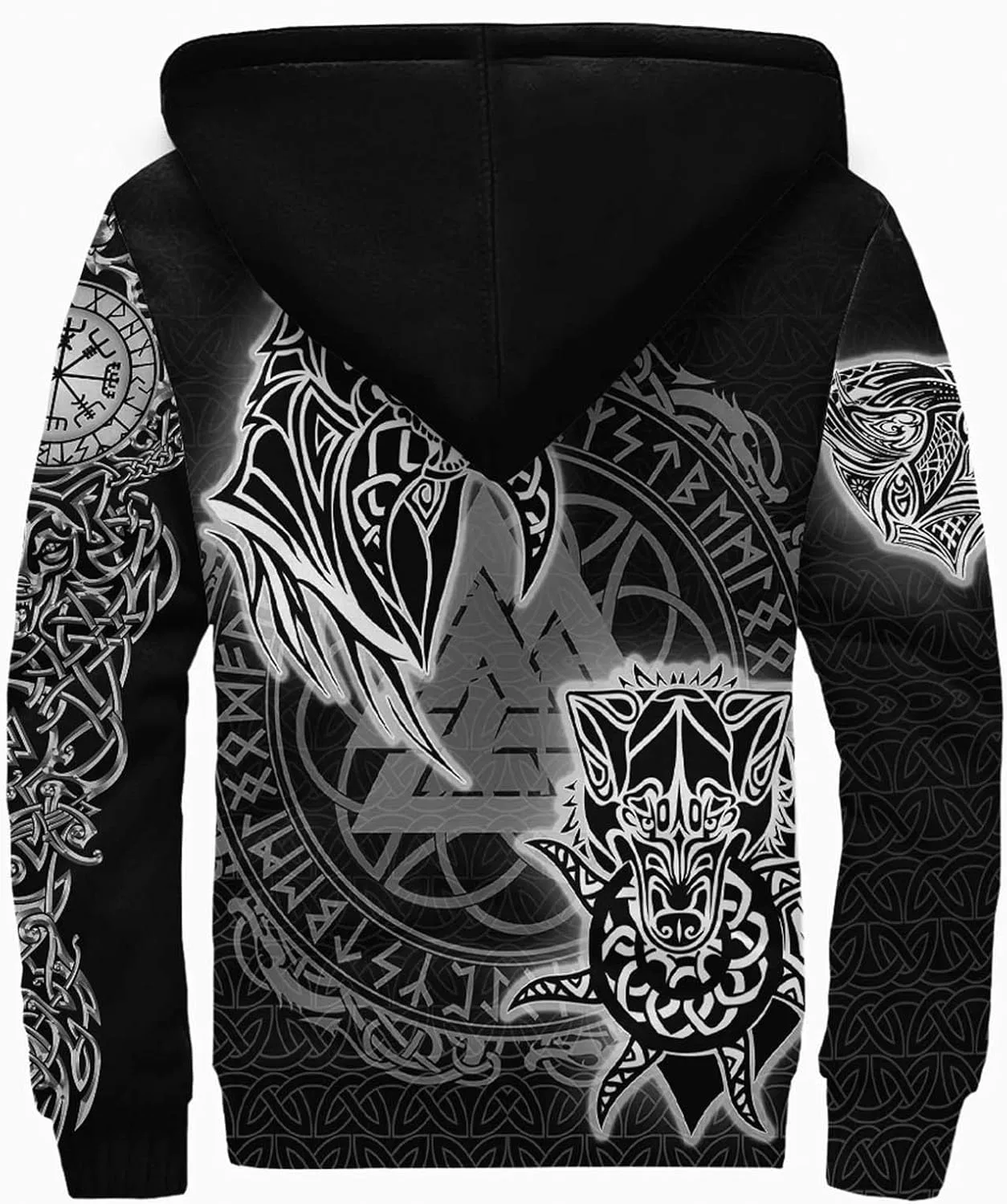 Мужская теплая флисовая толстовка с капюшоном Viking Tattoo Fenrir Wolf с 3D-принтом, изображением бога Одина и ворона, на подкладке из шерпы, на молнии — фото 3