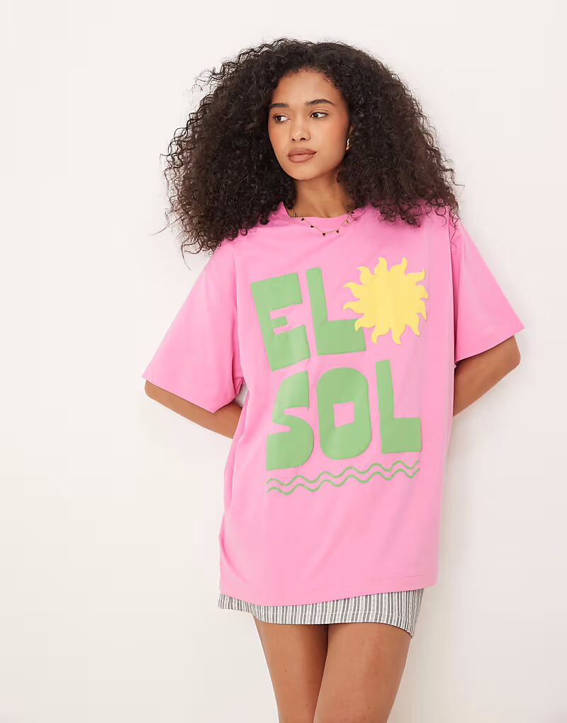 

Футболка ASOS DESIGN oversize с принтом el sol sun puff розового цвета