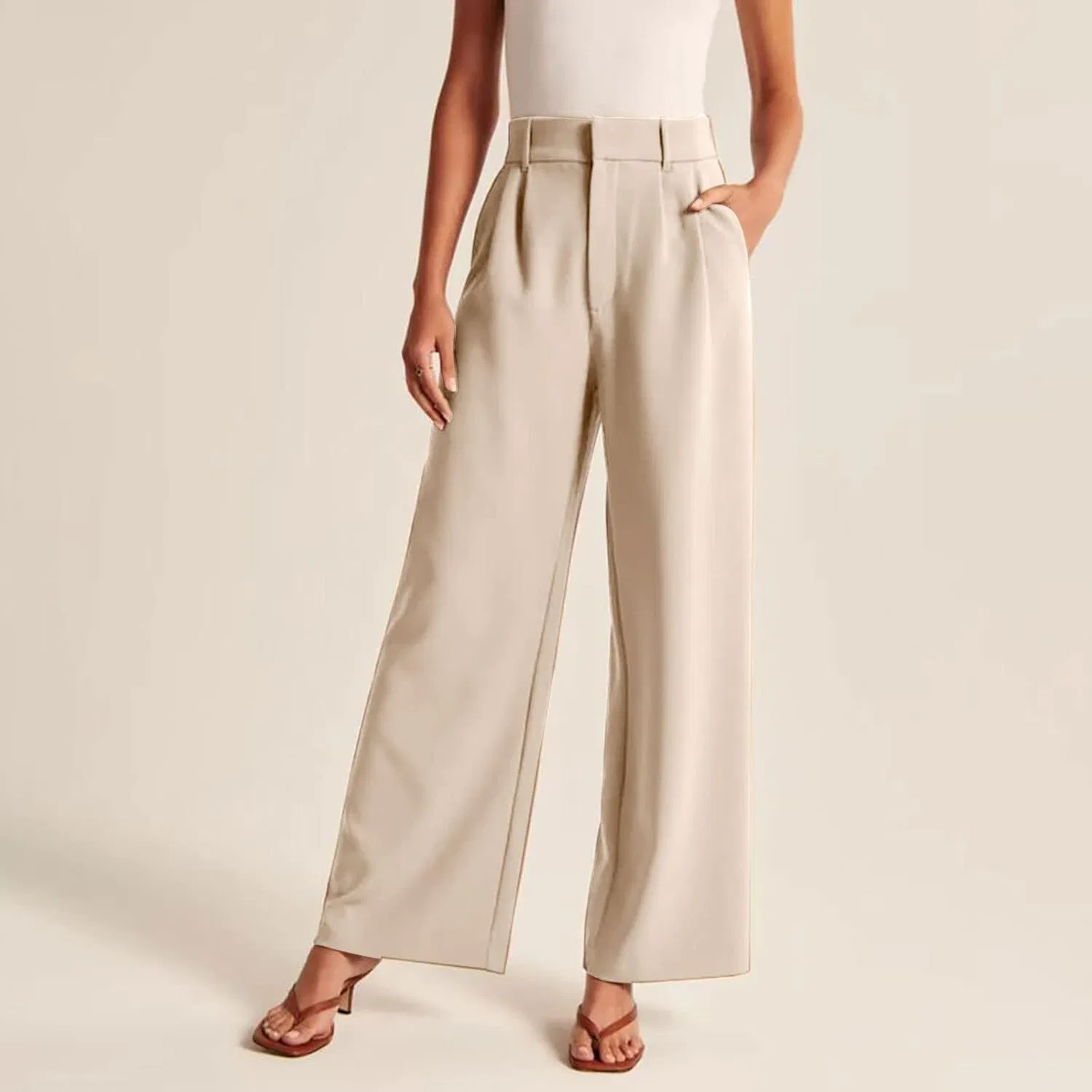Женские брюки Casual High Waist, модные широкие брюки-клеш, эластичные рабочие брюки с карманами Generic, бежевый — фото 2