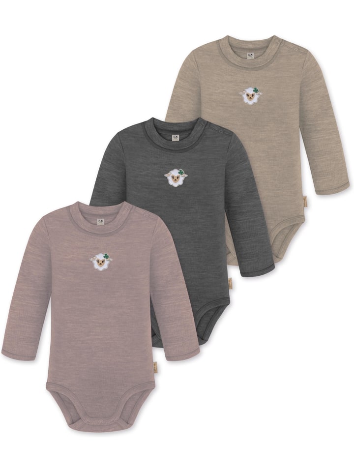 

Normani Outdoor Sports Набор из 3 детских боди с длинными рукавами из мериносовой шерсти "Туай" в бежево-антрацитово-розовом цвете