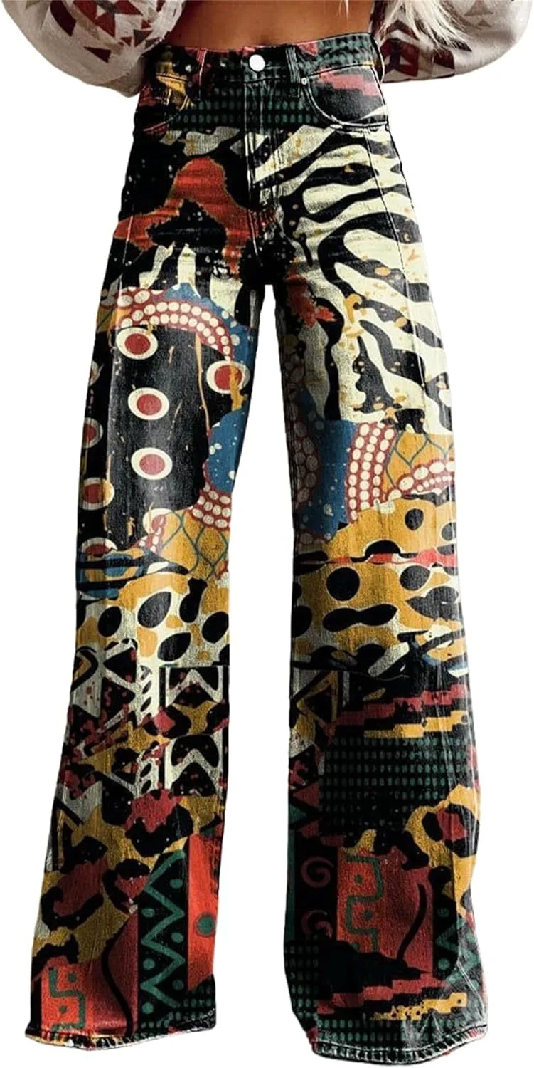 

Женские джинсы с цветочным принтом, высокие, широкие, прямые