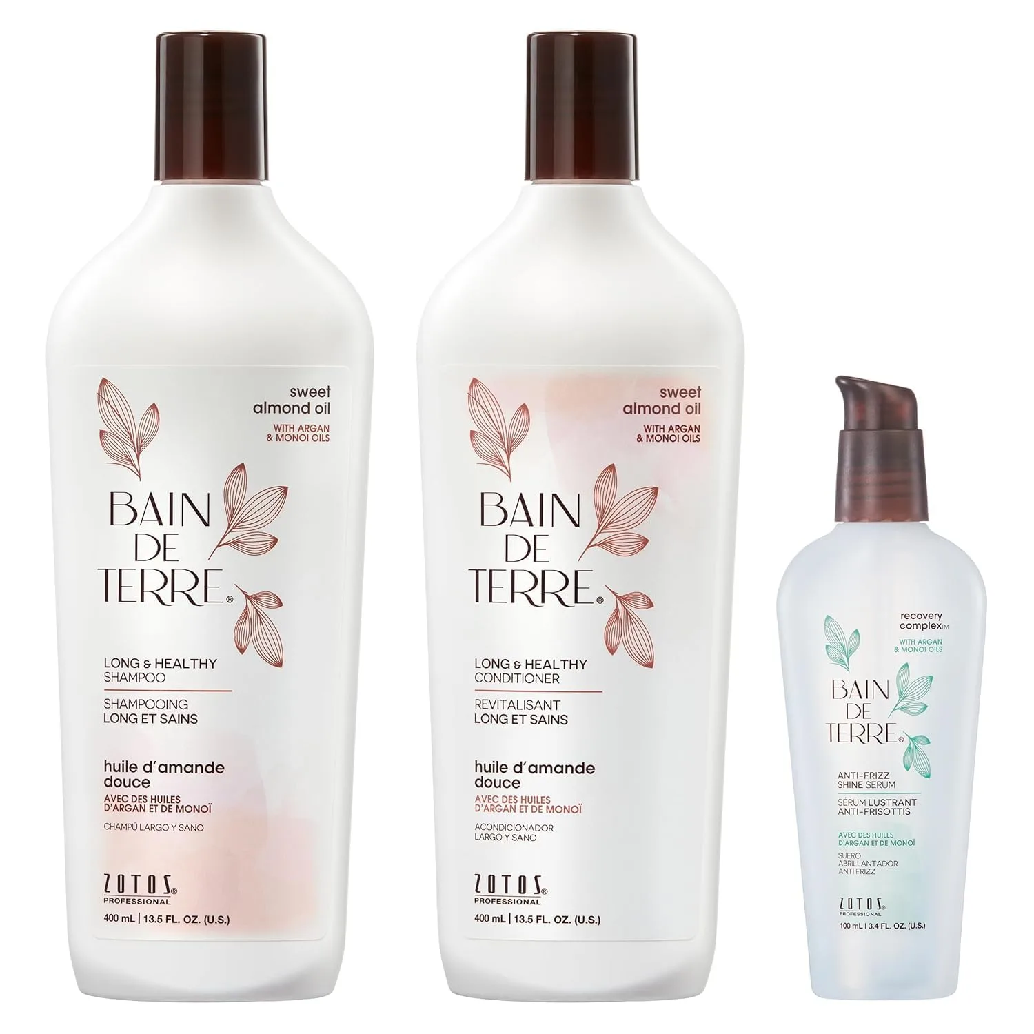 Кондиционер Bain de Terre Sweet Almond Oil для длинных и здоровых волос, укрепление и защита слабых и поврежденных волос, с маслами арганы и монои, без парабенов, безопасен для окрашенных волос, веганский 399/100 мл (3 шт.), Green