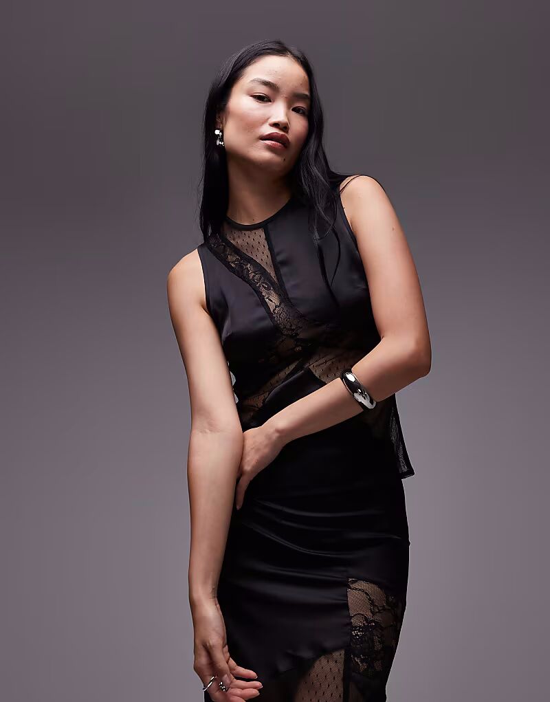 

Топ без рукавов из смеси атласа и кружева, черный Topshop