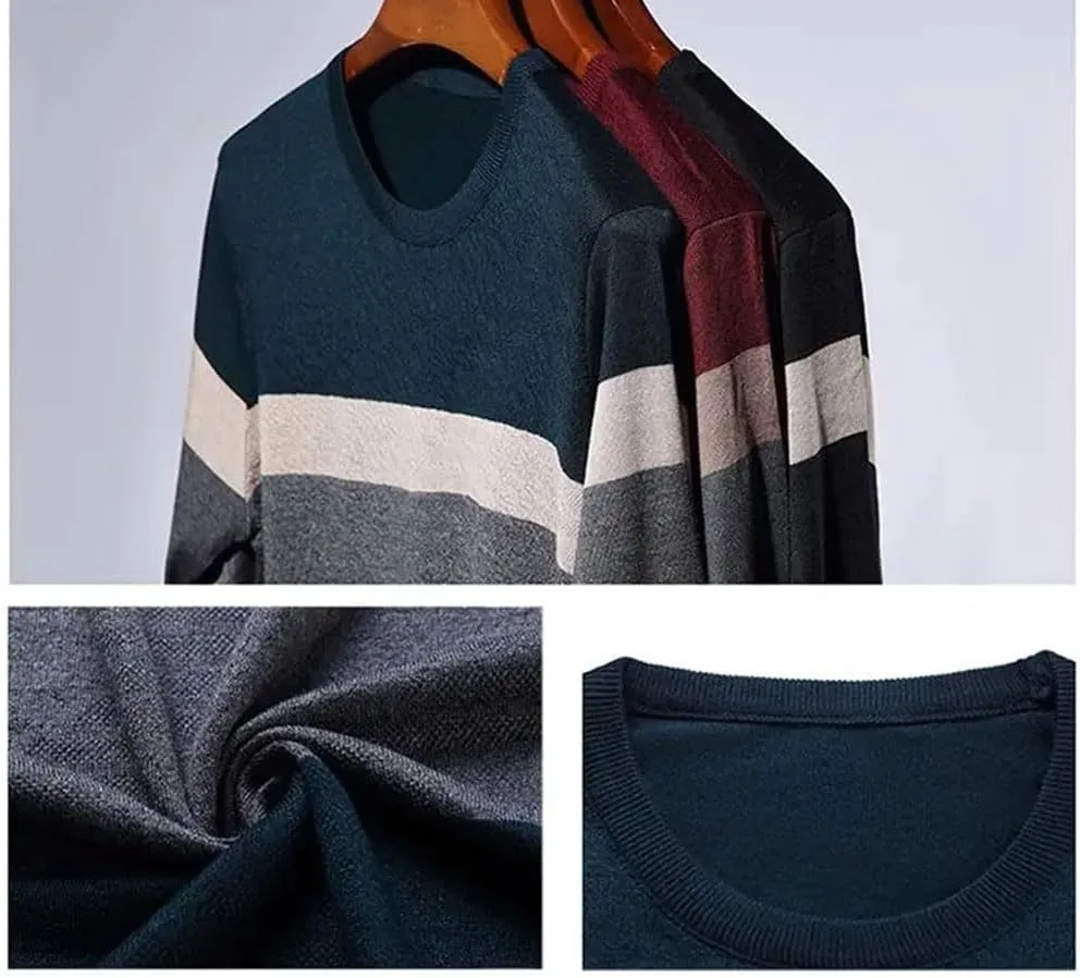 Мужской полосатый свитер Wool Pullovers - тонкий повседневный свободный вязаный топ с длинным рукавом — фото 2