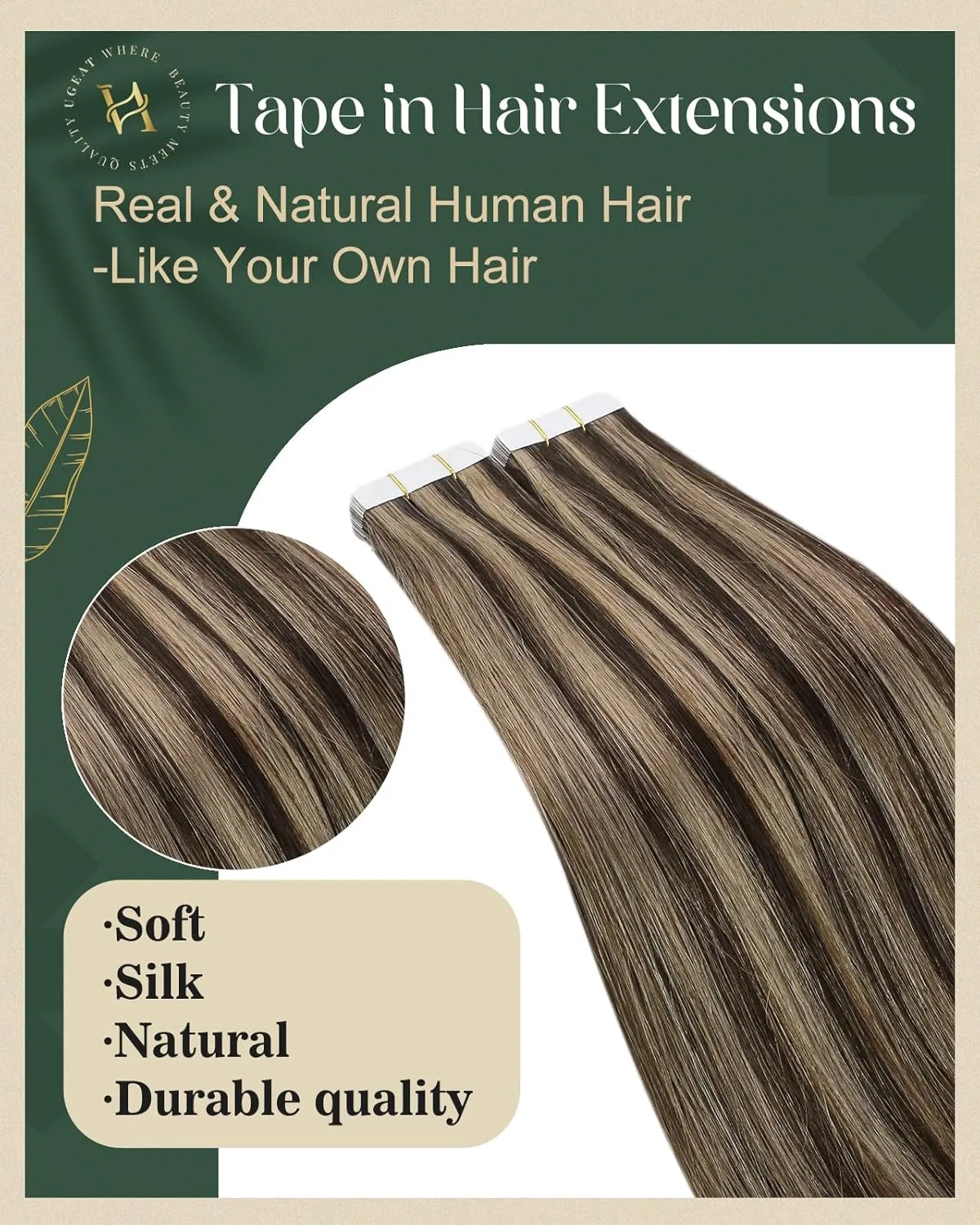 Ленточные накладные волосы Ugeat Real Hair, 35 см, темно-коричневые с карамельными прядями Ugeat — фото 2