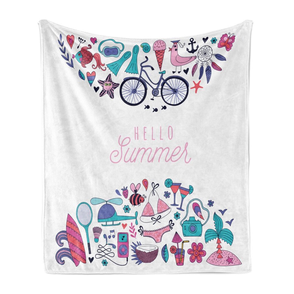 

ABAKUHAUS Hello Summer, мягкое фланелевое флисовое одеяло, послание с купальником, кокосовая камера, океанские волны, доска для серфинга, коктейльные каракули, 175 x 230 см, разноцветные