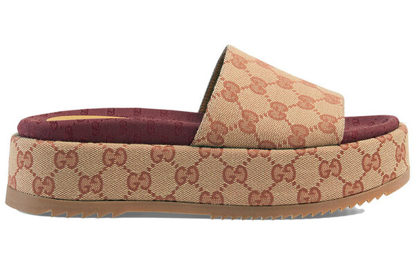 Сандалии gg slide sandal 'monogram - beige brick red' Gucci, коричневый — фото 2