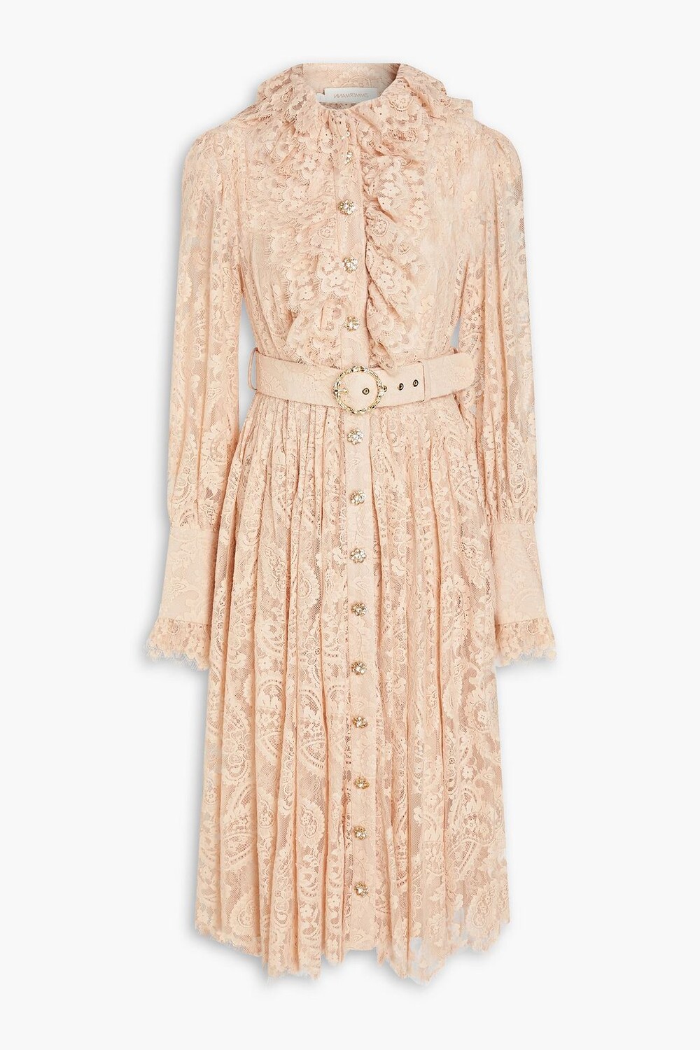 

Платье-рубашка миди из кружева с поясом и декором ZIMMERMANN, румян