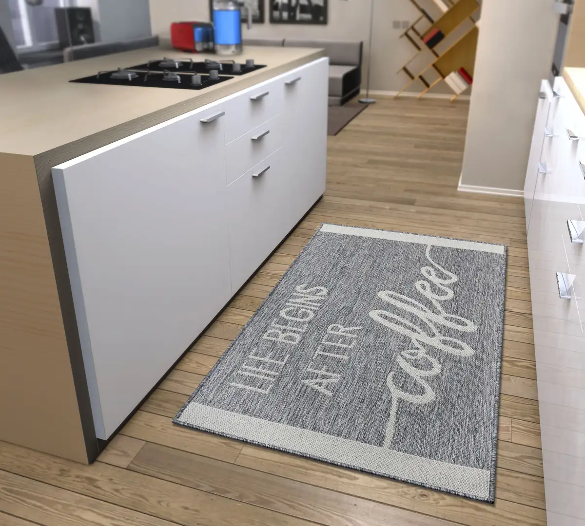 

HANSE Home кухонная дорожка "Жизнь начинается после кофе", прямоугольная, дорожка, нескользящая, кухонный коврик, кухня, ковер, легко чистится 62х150 см, серый