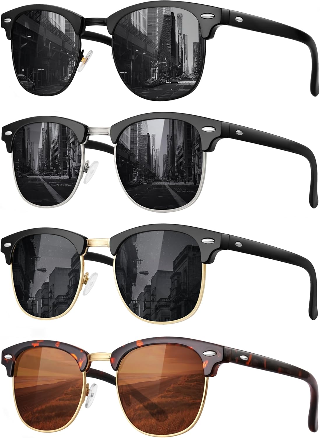 

Классические поляризованные солнцезащитные очки для мужчин и женщин в стиле ретро, ​​полуободковая оправа, 100% защита от УФ-излучения FURISHQI, 4pack Black+gold+silver+leopard