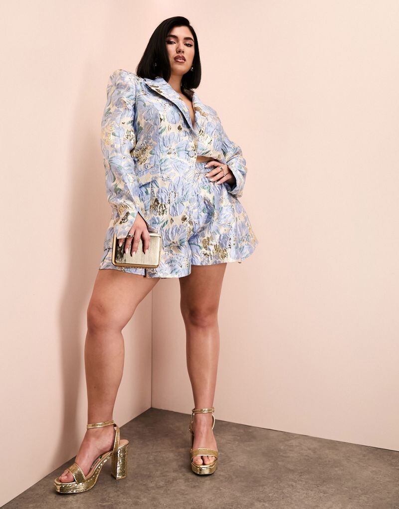 

ASOS Luxe Curve - Синие жаккардовые шорты с цветочным принтом, часть комплекта