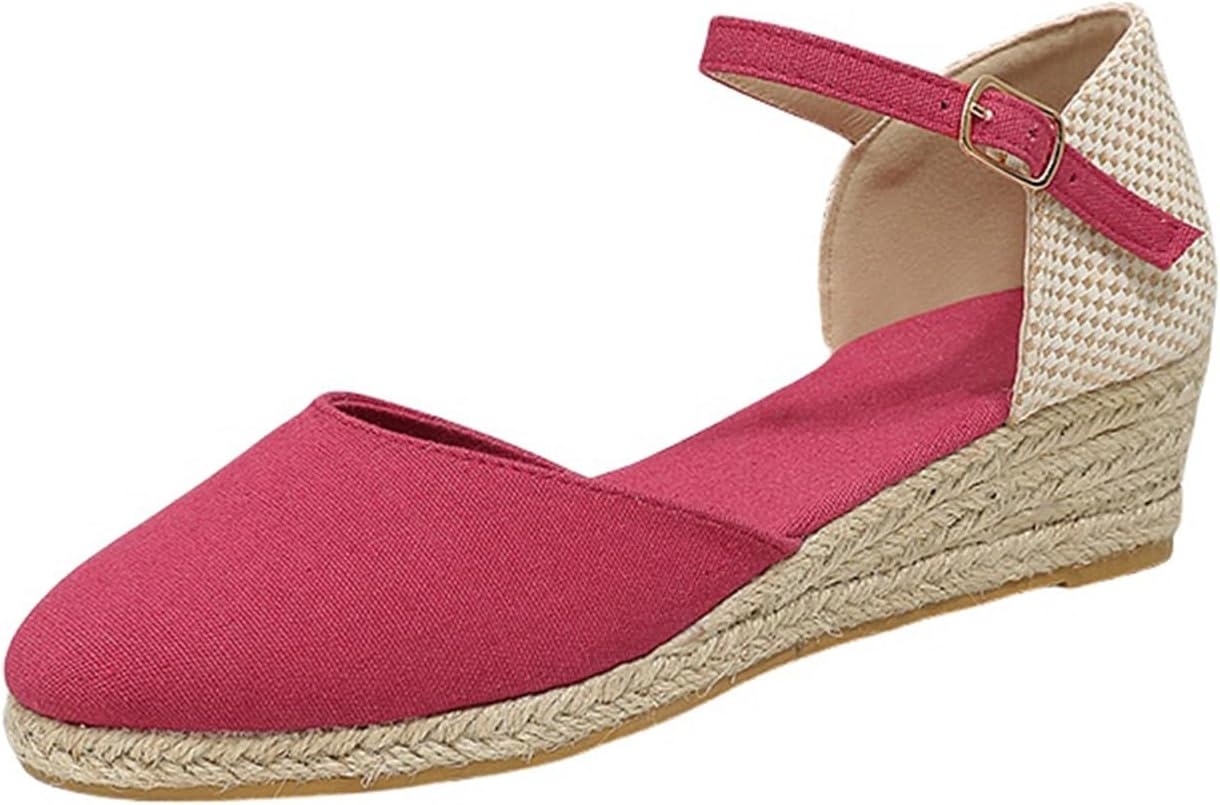

Женские эспадрильи ZWRXW с закрытым носком, комфортные с ремешком на щиколотке, на клиновидном среднем невысоком каблуке, из холщовой ткани, элегантные летние сандалии для прогулок, красный