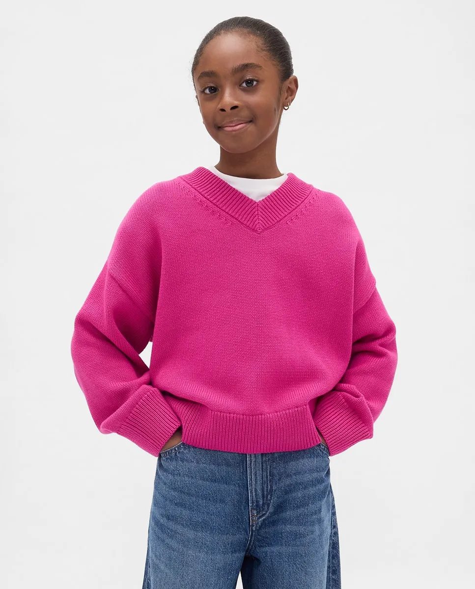 

Базовый свитер для девочки с V-образным вырезом Gap, розовый