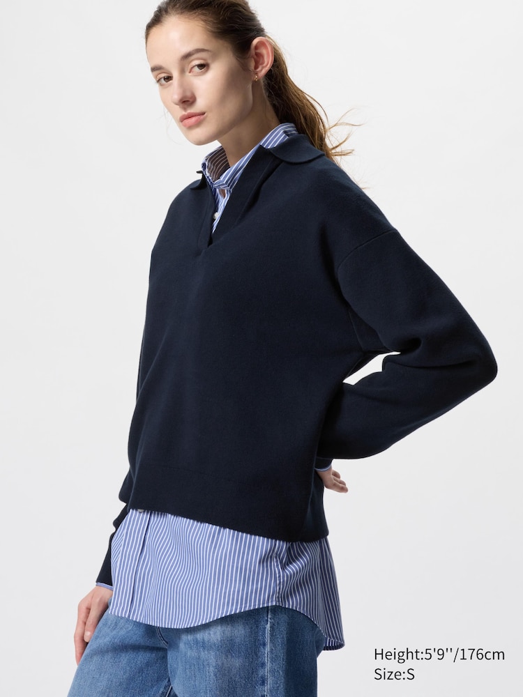 

Свободный джемпер-поло из гладкого хлопка Uniqlo, цвет 69 синий