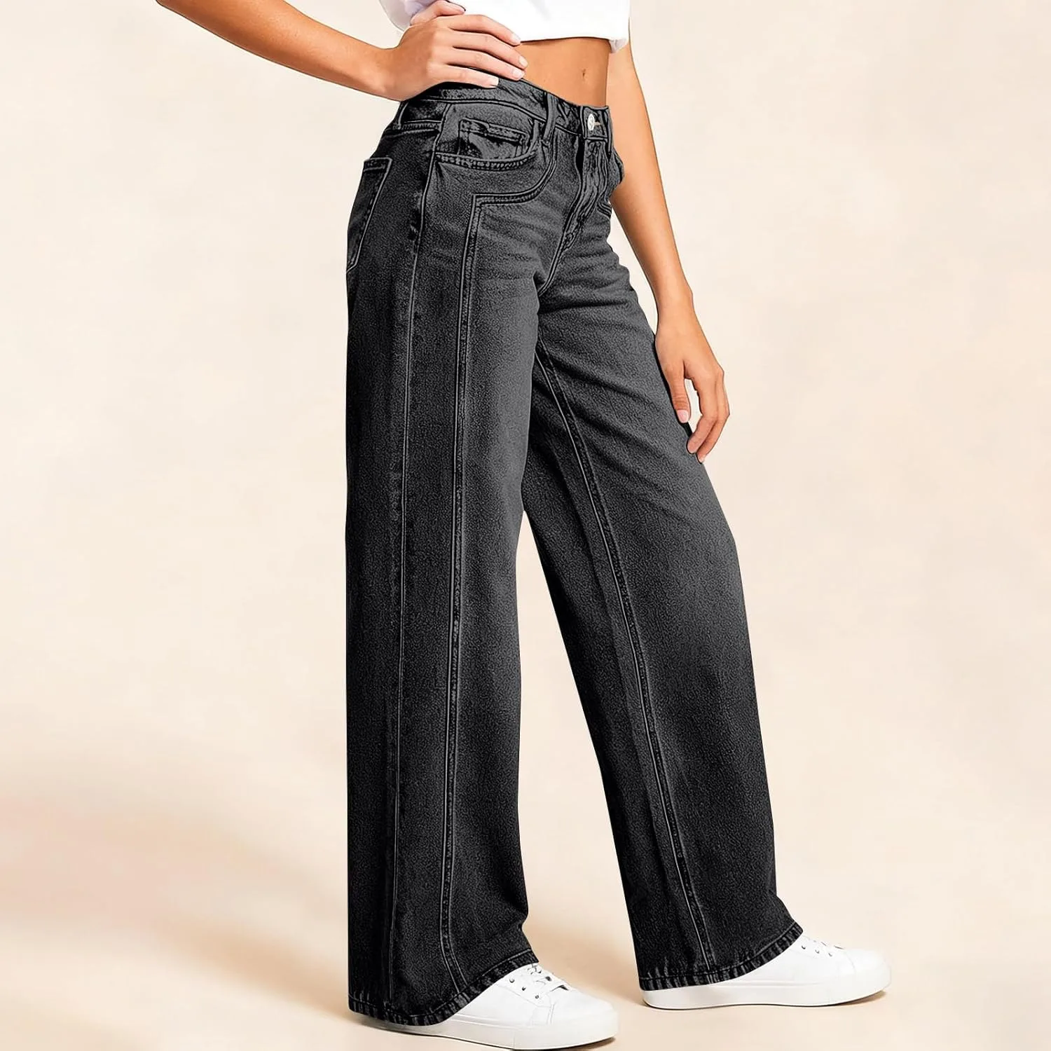 Прямые джинсы для женщин High Waist Baggy Vintage с карманами — фото 3