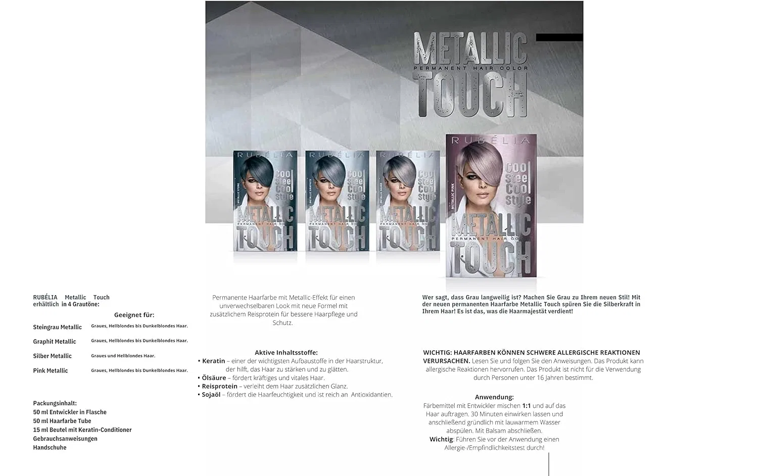 Стойкая краска для волос Metallic Touch, металлический серебристый, 115 мл Rubélia — фото 2