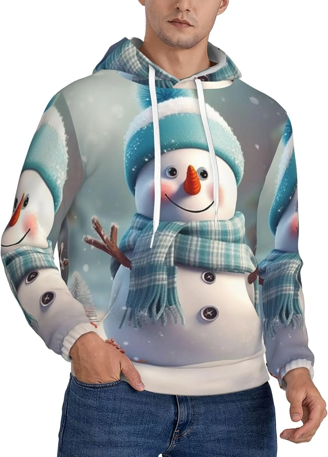 

Мужская флисовая толстовка с капюшоном, Casual с длинным рукавом и принтом снеговика KKLWEGU