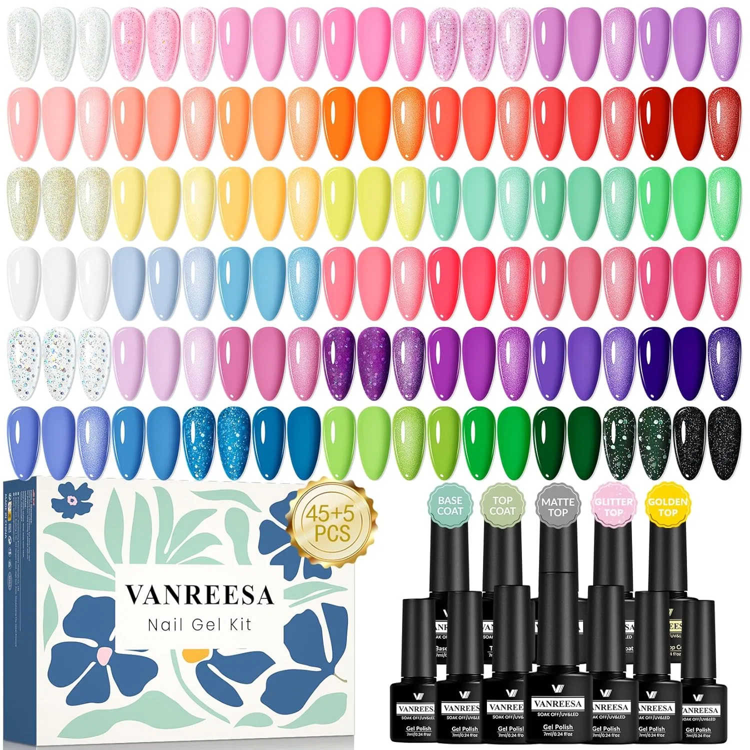 Набор УФ-гель-лаков VANREESA, 45 цветов, с базовым и верхним покрытием Vanreesa, 14-Rainbow Tour