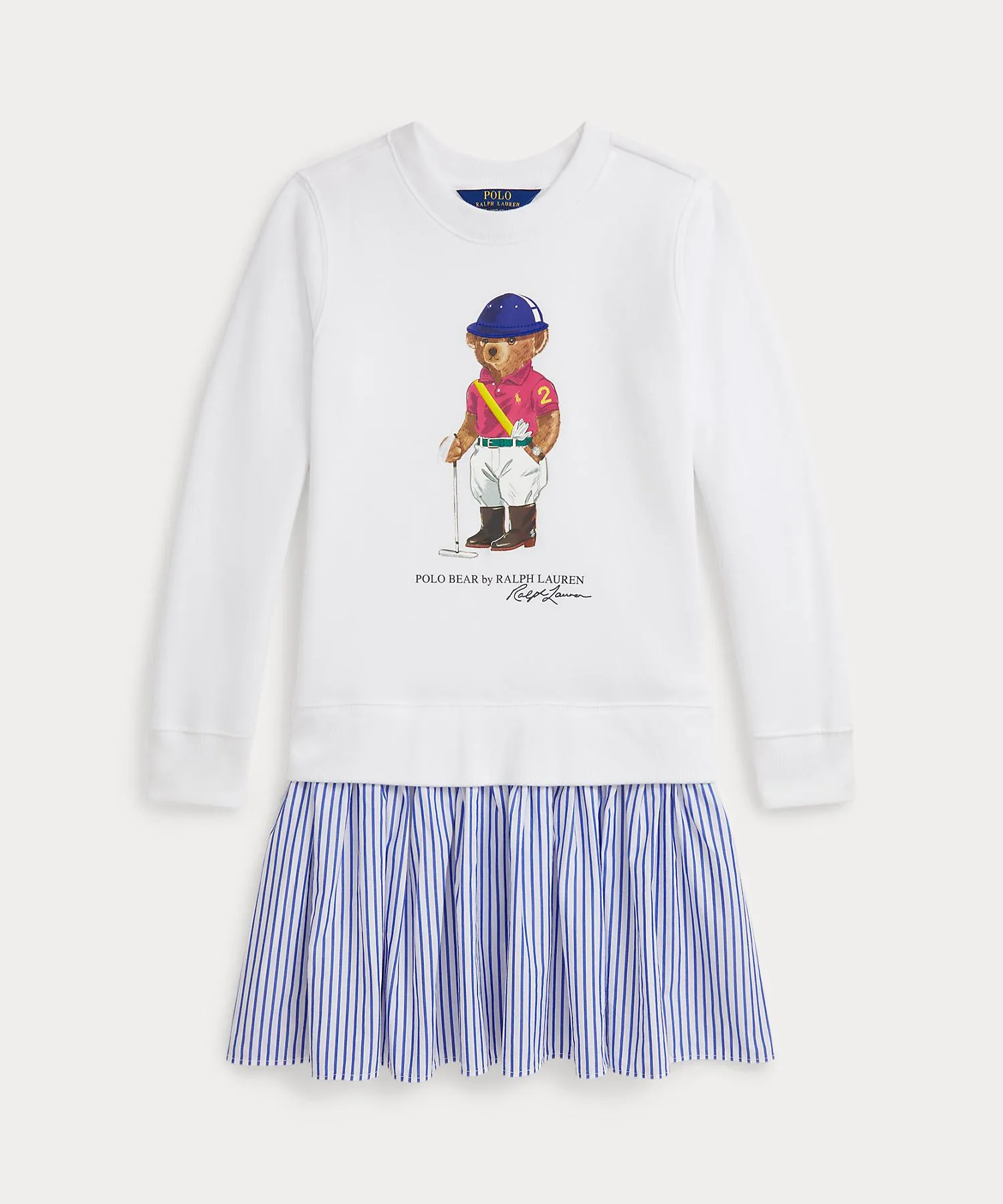 Детское платье-флис с принтом Polo Bear и полосатым подолом POLO RALPH LAUREN CHILDRENSWEAR белое