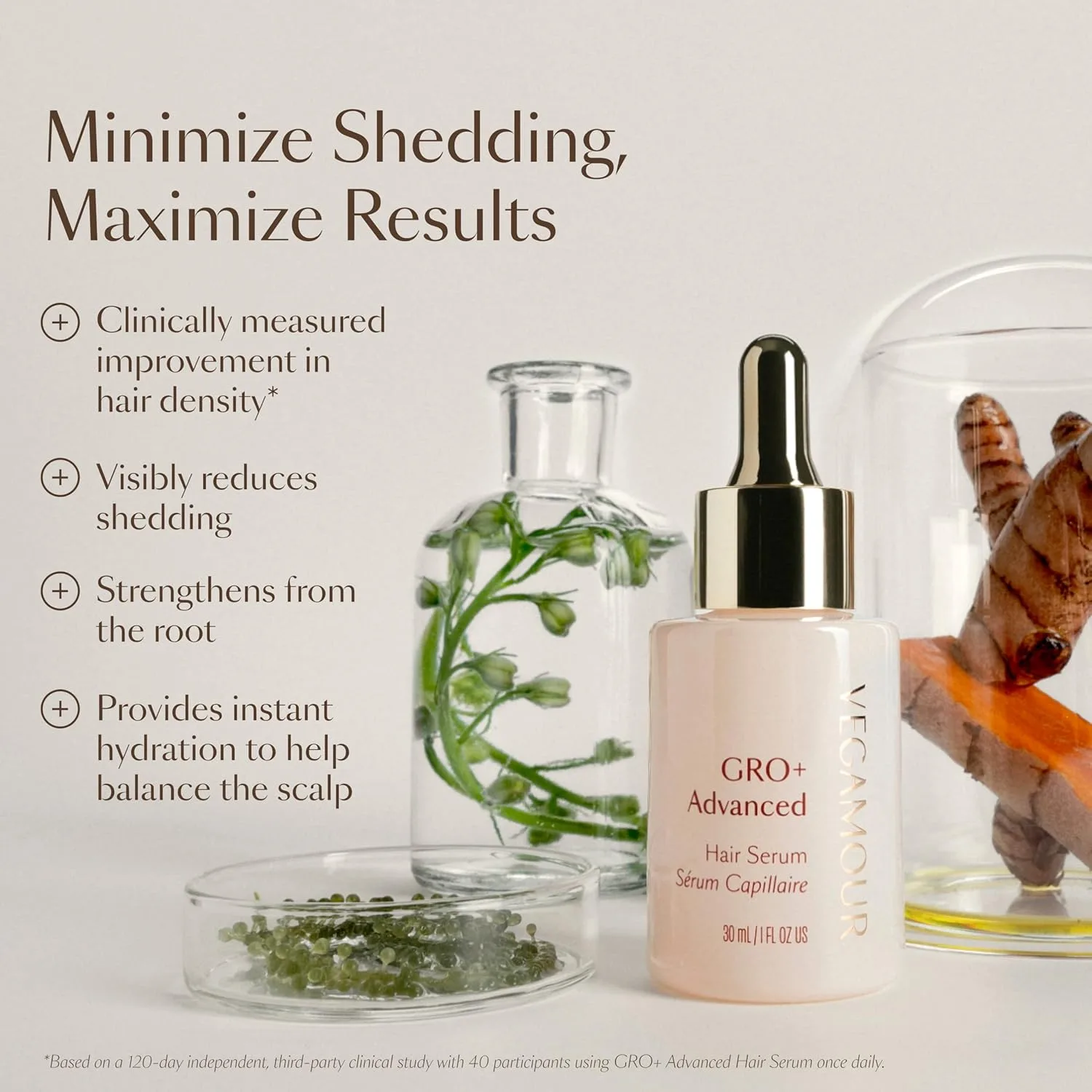 Vegamour GRO+ Advanced Hair Serum для увеличения густоты волос, уменьшения выпадения и баланса кожи головы, без отдушек, vegan, cruelty-free — фото 4
