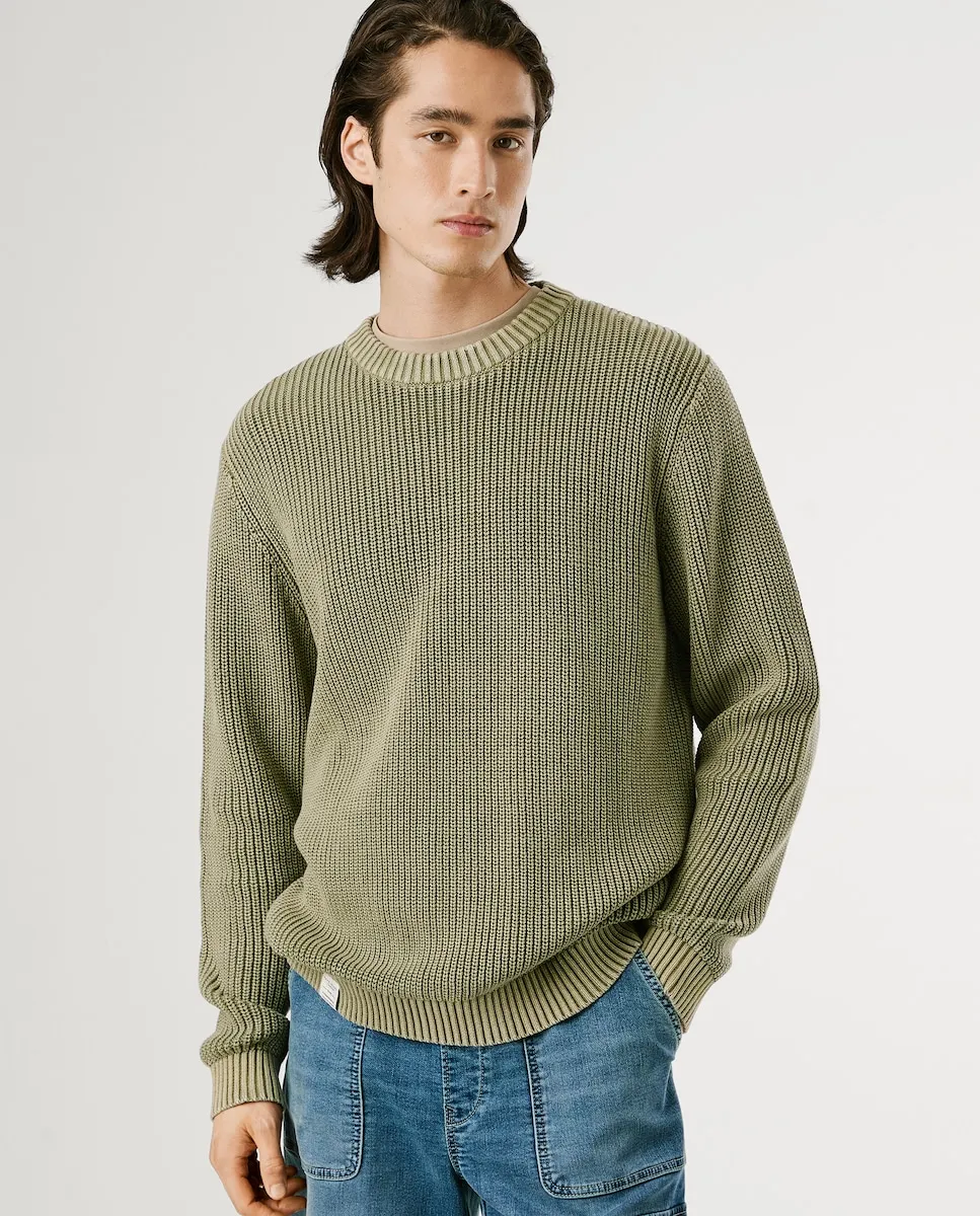 

Мужской джемпер с круглым вырезом, окрашенный после пошива Pepe Jeans, военный зеленый