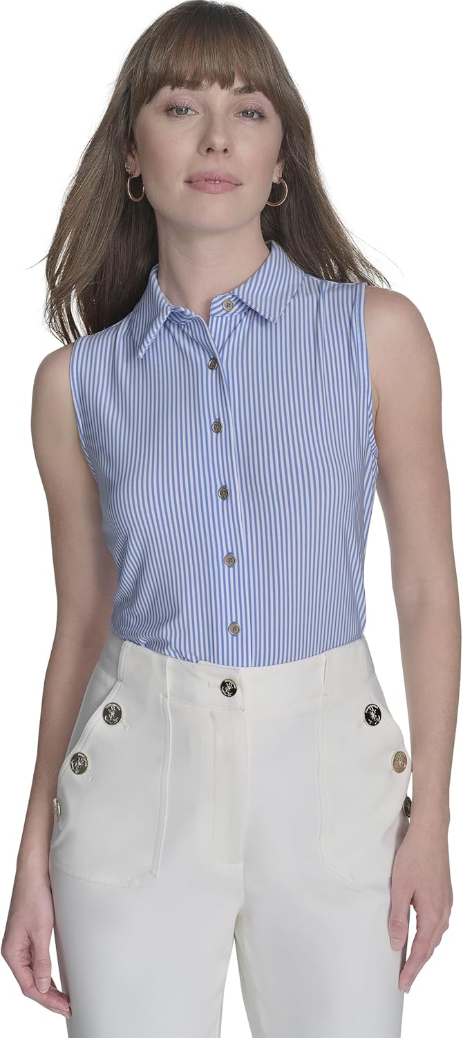 

Женский классический трикотажный топ без рукавов Tommy Hilfiger с воротником и пуговицами спереди, French Blue/ Ivory