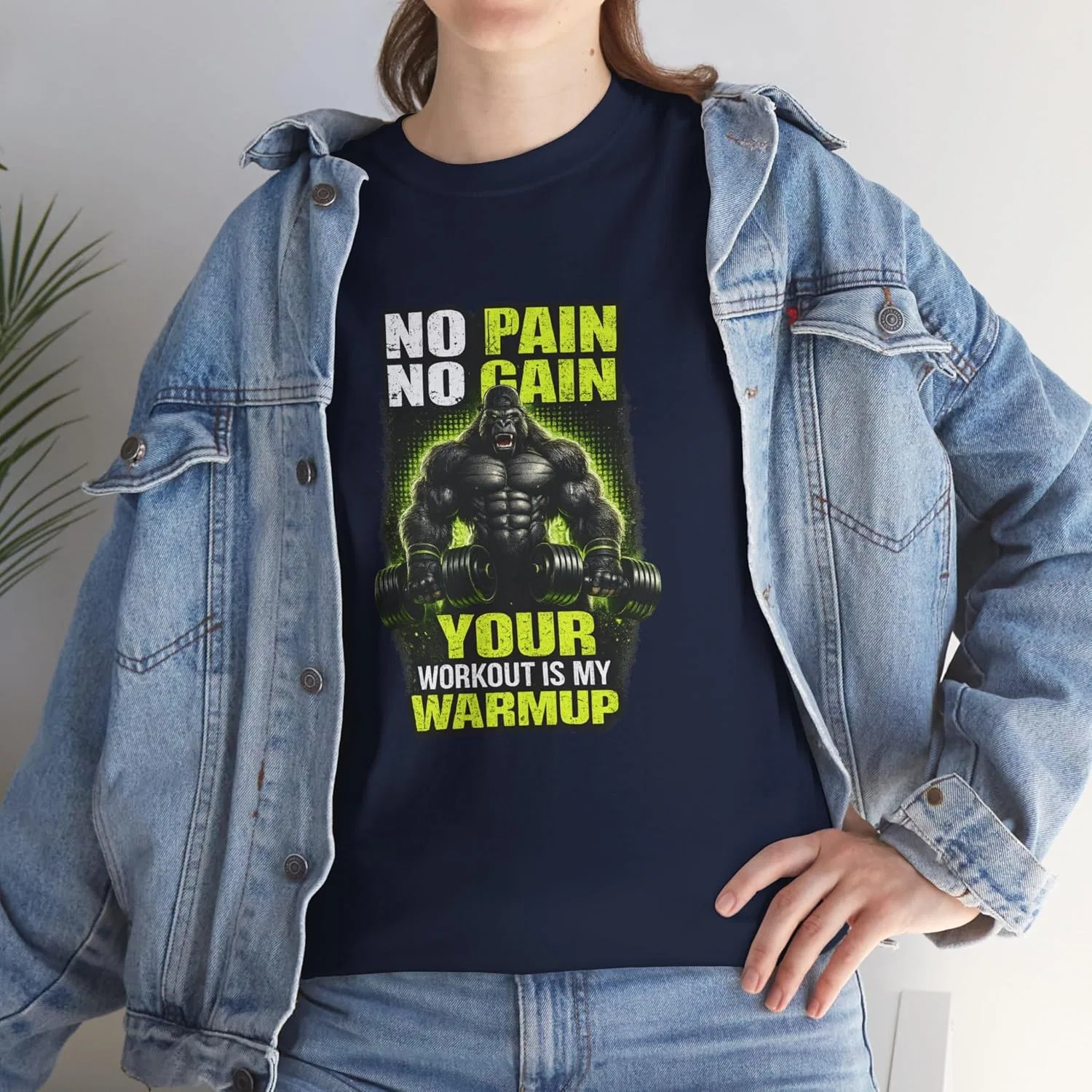 Футболка No Pain No Gain с принтом "Your Workout is My Warmup" для мотивации в спортзале GENERIC, темно-синий — фото 3