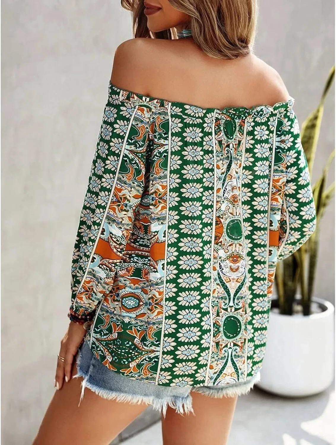 Блуза с цветочным принтом, off shoulder, QREXVOG, зеленый — фото 4