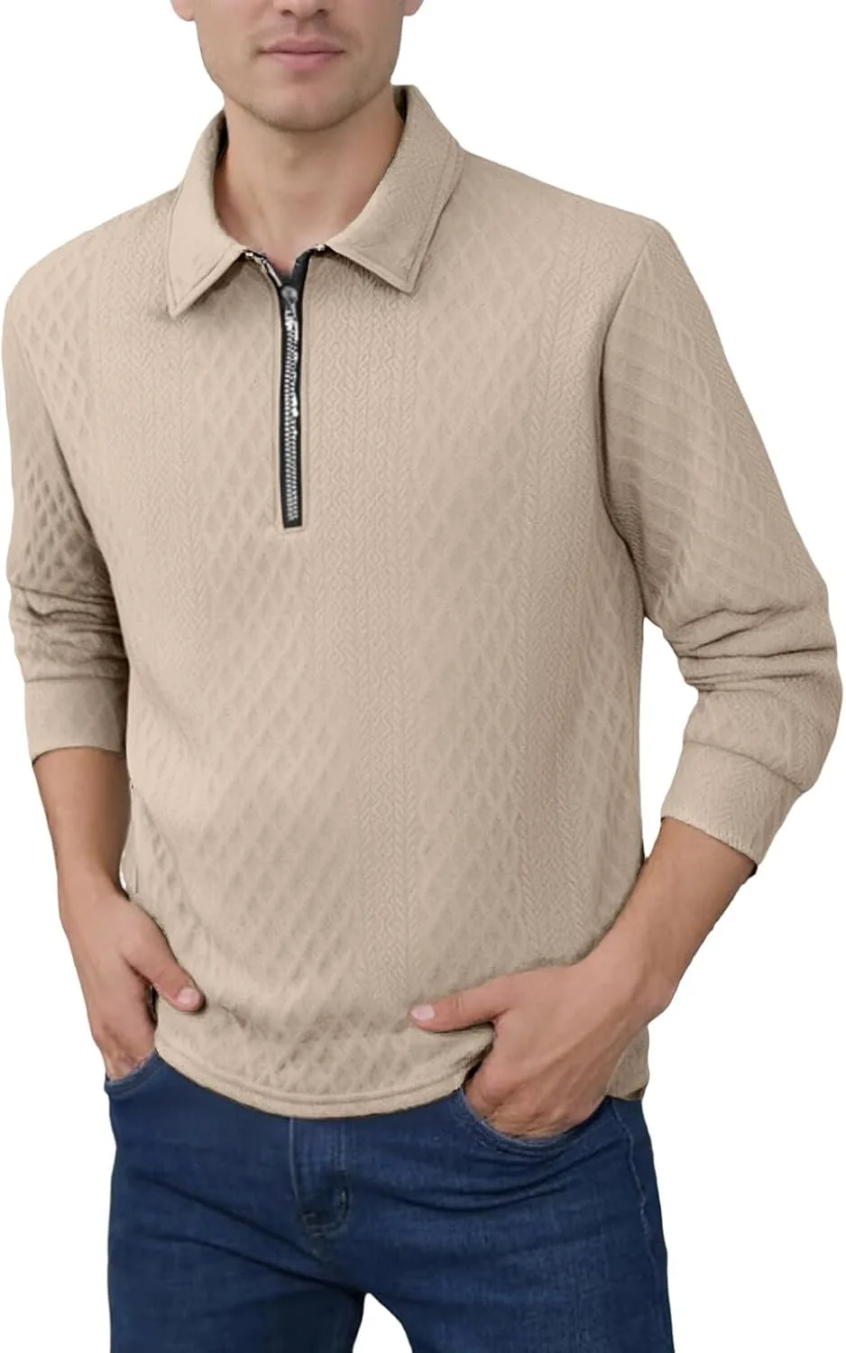 

Мужской хлопковый поло-свитер с четвертью молнии — полосатый пуловер для осени, зимы и весны