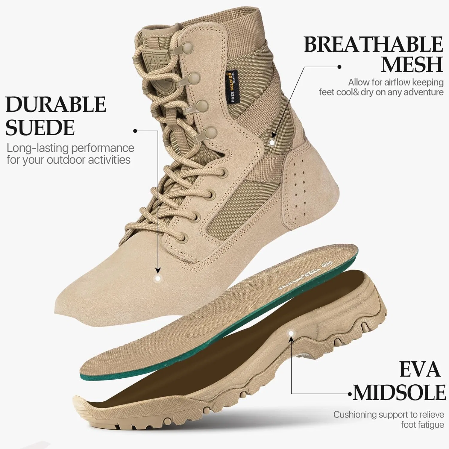 Ботинки FREE SOLDIER Herren Taktische Herrenstiefel 8 Zoll Leichte Kampfstiefel Taktische Militärstiefel, Sand Colour Thin Not Waterproof — фото 4
