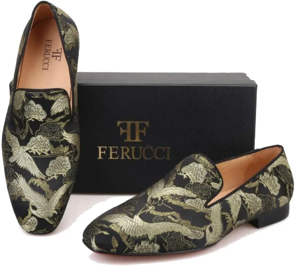 Лоферы мужские FERUCCI Black с золотым принтом китайской птицы — фото 4