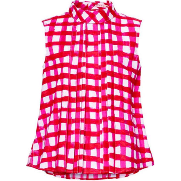 

X Marni Женская Блузка с Клеткой и Сборками Розовый UNIQLO, Розово-Красный