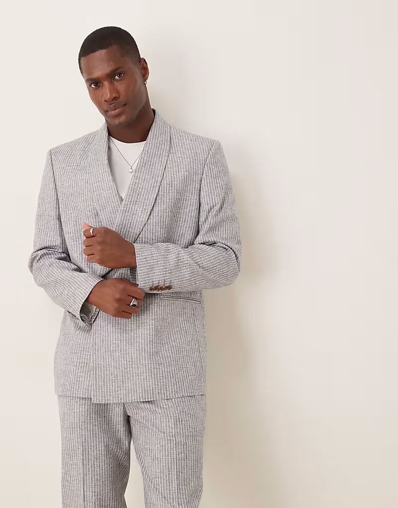 

Двубортный пиджак из льняной смеси в синюю полоску Asos Design