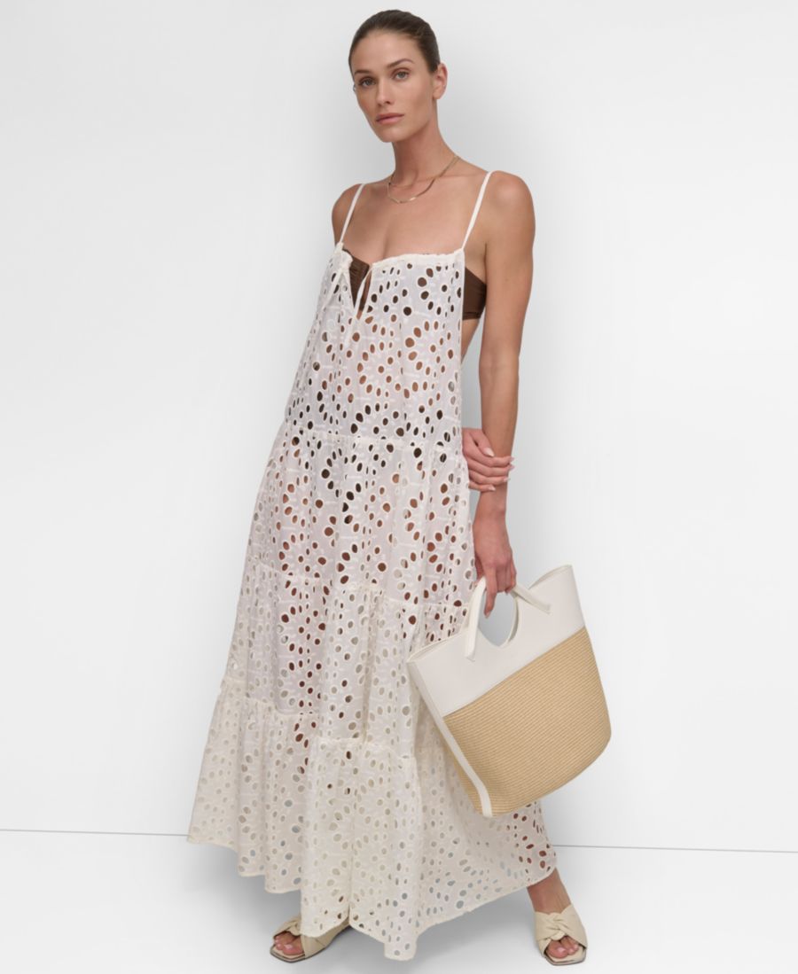 

Женское многоярусное макси-платье-накидка для купальника DKNY, Soft White