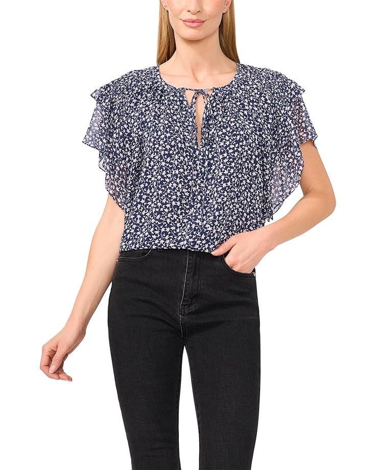 

Топ CeCe Printed Tie Neck Double Ruffled Sleeve Top, цвет Classic Navy
