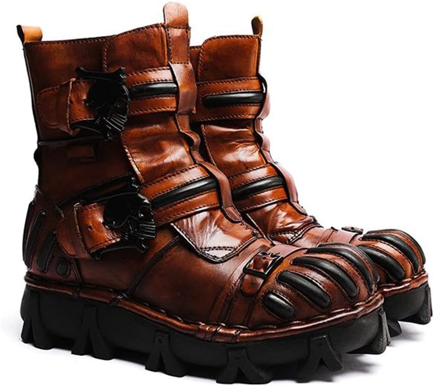 

Винтажные кожаные ботинки HFUHLK с черепом, средние по высоте, модные наружные военные ботинки на шнуровке для хайкинга, коричневый