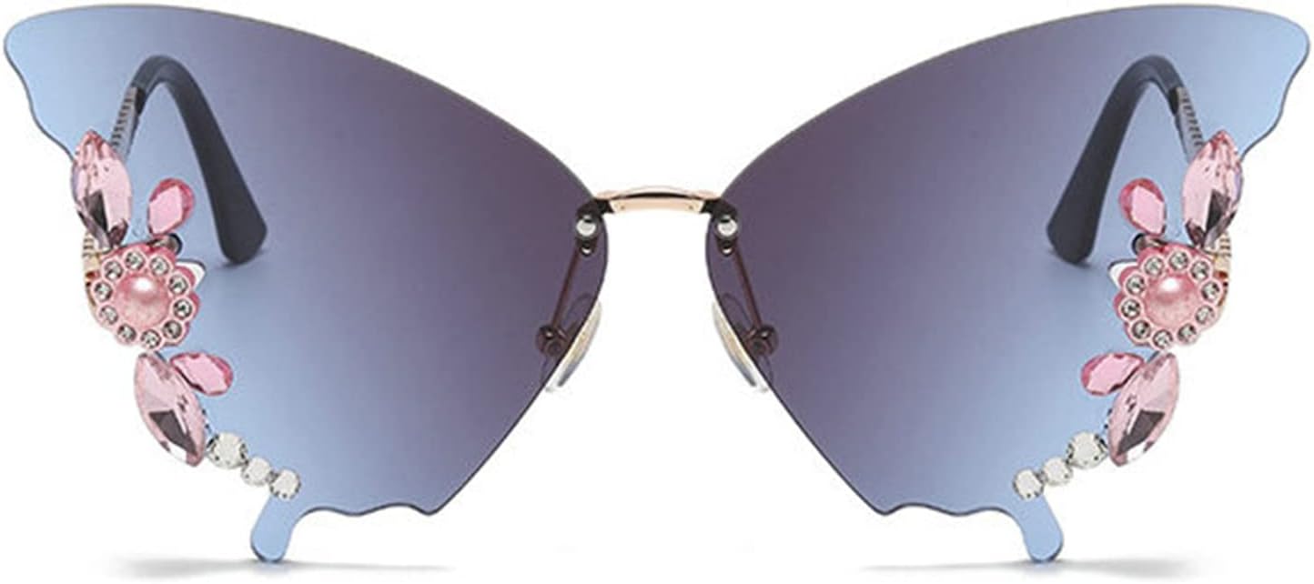 

Willochra Женские солнцезащитные очки без оправы Модные солнцезащитные очки с бабочками и бриллиантами Многоугольная безрамочная модель Солнцезащитные очки для вечеринок Защита от УФ-излучения, Black