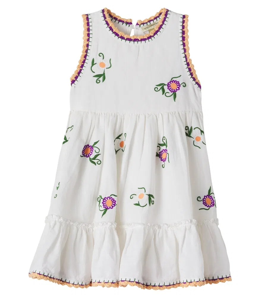 Платье из вышитого льна и хлопка Stella McCartney Kids, белый