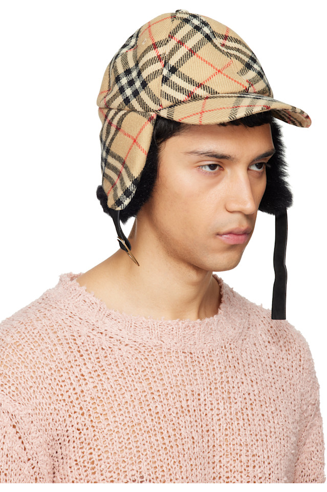 Burberry Бежевая клетчатая шерстяная шапка-ушанка — фото 2