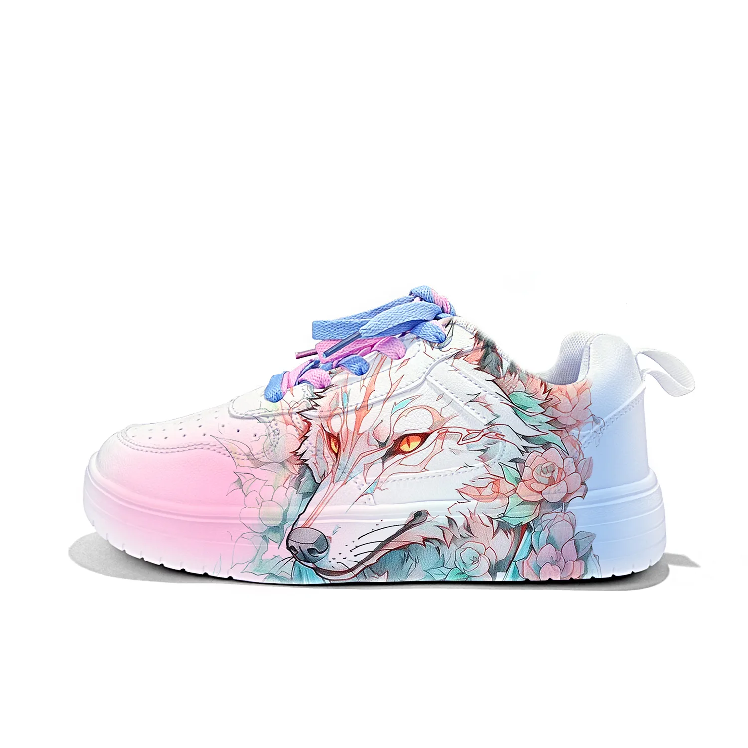 Легкие и дышащие низкие скейтерские кроссовки унисекс ZUOLENGCHAN, White Pink Blue-Hundred Flower Silver Wolf-ZLA2090D-FL1