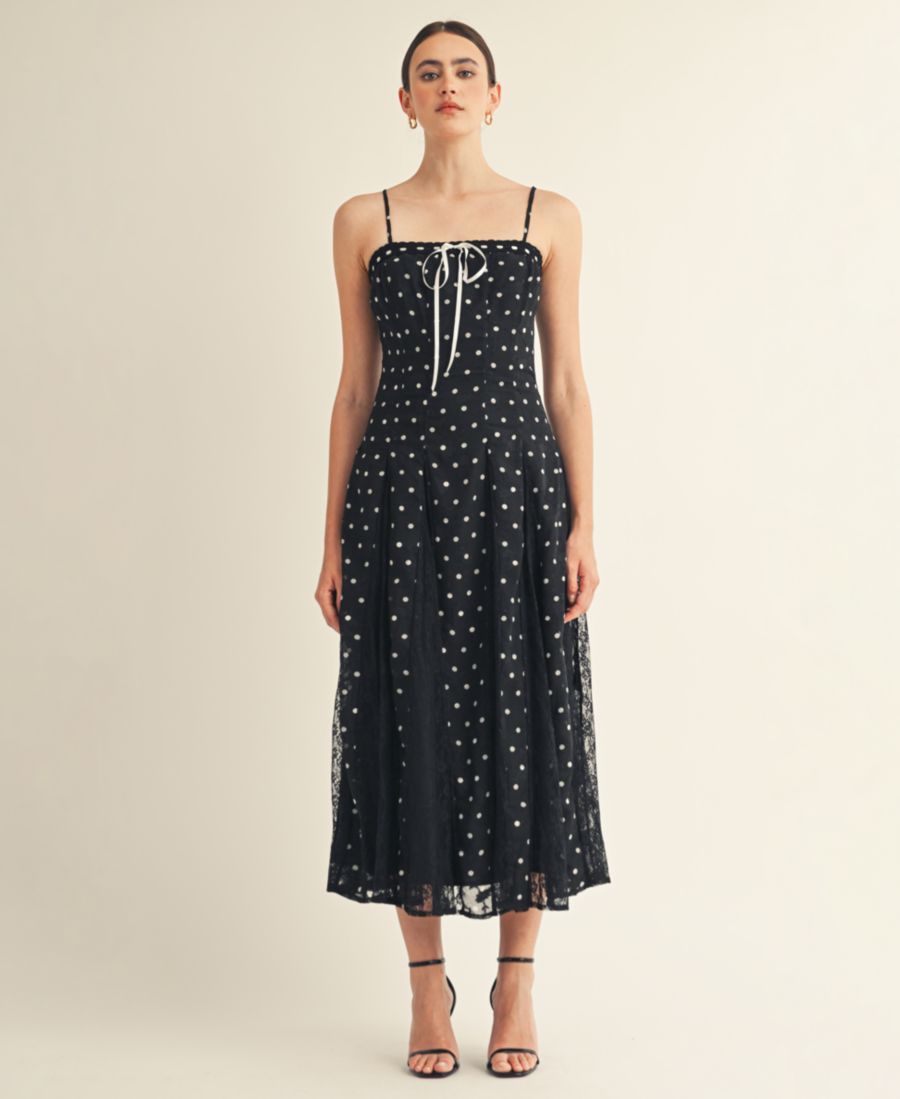 

Женское длинное платье с квадратным вырезом и отделкой лентами AROSE STUDIO, INC, Black polka dot