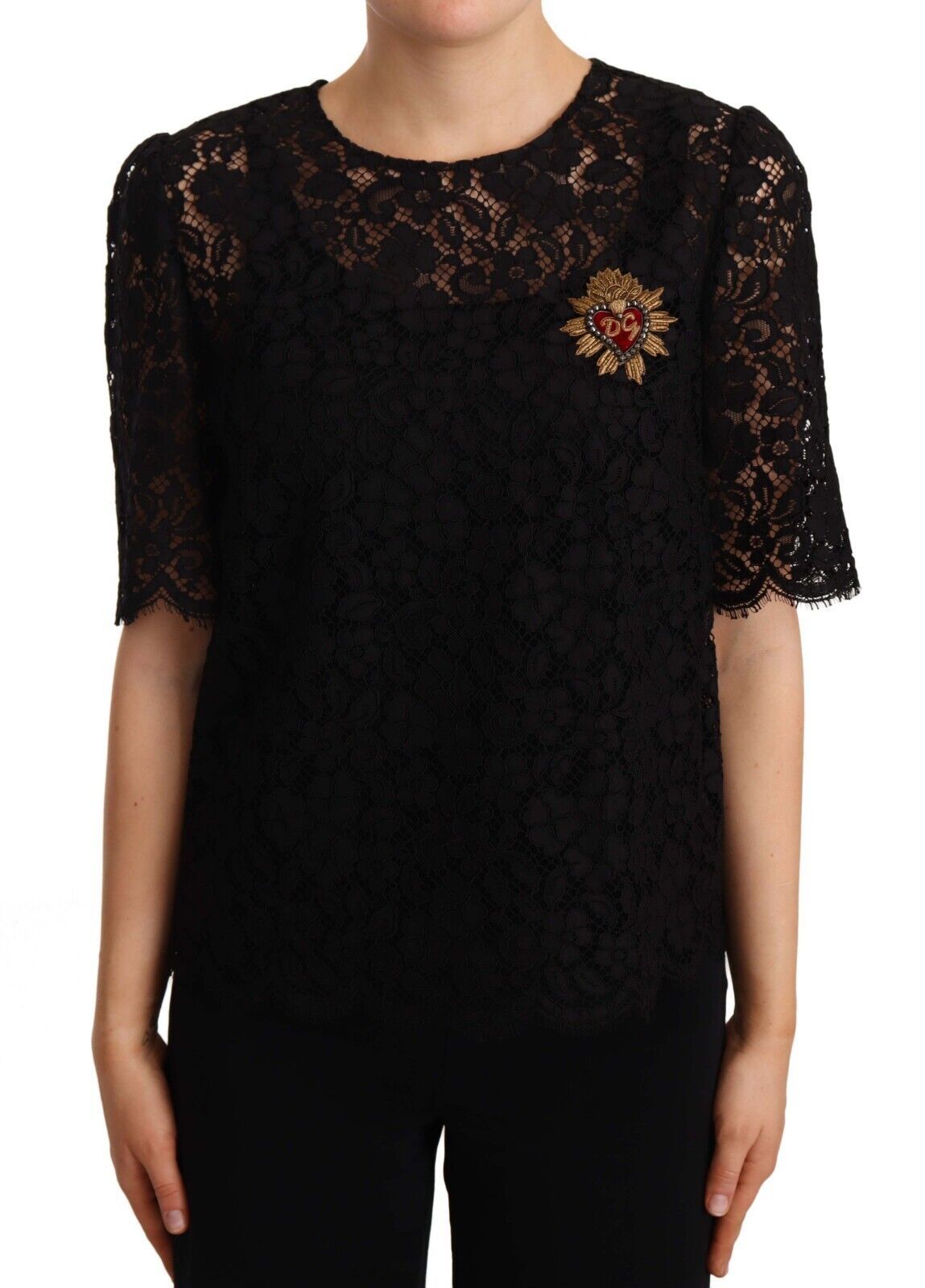 

Элегантный топ с цветочным кружевом и логотипом Dolce & Gabbana, черный